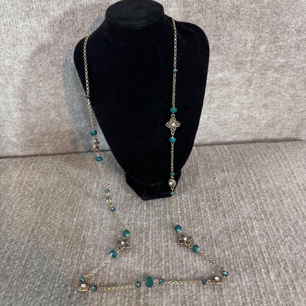 Unbranded Gold Tone Station Necklace Women OS Teal Beaded Crystal Boho Layering